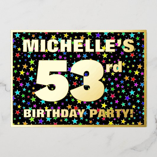 第53回誕生日パーティー – おもしろいカラフル, Stars Pattern 箔招待状 (正面)