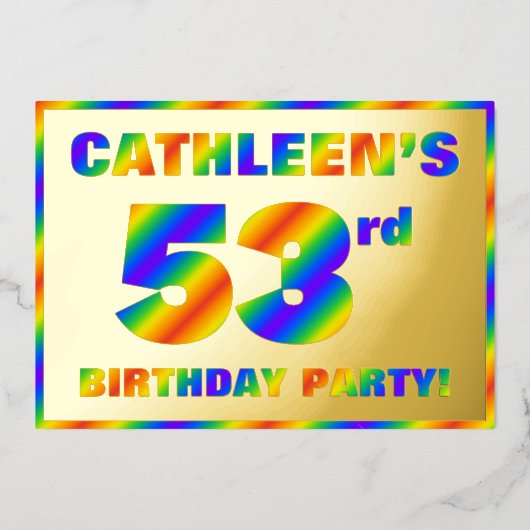 第53回誕生日パーティー – おもしろい、レインボースペクトル「53」 箔招待状 (正面)