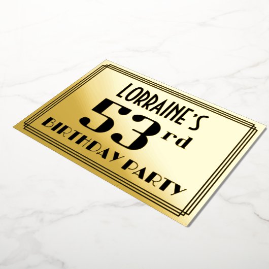 第53回誕生日パーティー:アールデコの外観"53"と名前 箔招待状 (回転した状態)