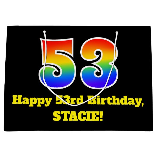 第53誕生日~おもしろい, カラフル, 鮮やか, Rainbow 53 ラージペーパーバッグ (正面)
