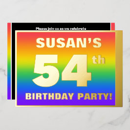 第54回誕生日パーティー：おもしろいカラフル、レインボーパターン 箔招待状