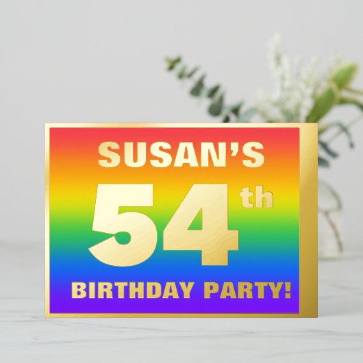 第54回誕生日パーティー：おもしろいカラフル、レインボーパターン 箔招待状 (立ち正面)
