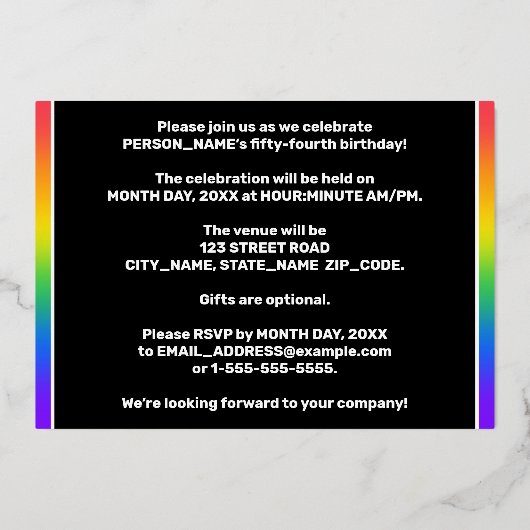 第54回誕生日パーティー:おもしろいカラフル、レインボーパターン 箔招待状 (裏面)