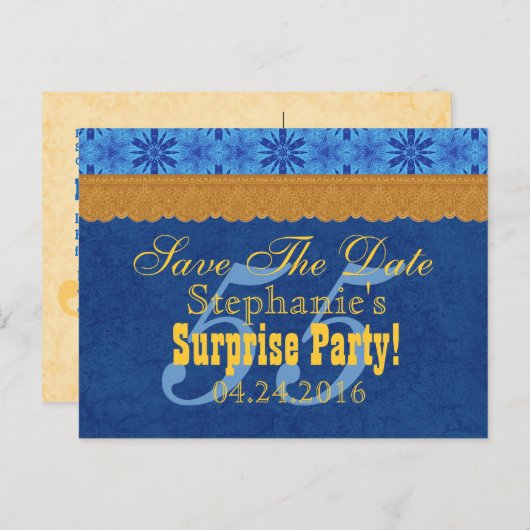 第55回サプライズ誕生日日付を保存する青金ゴールドV02 案内ポストカード (正面/裏面)