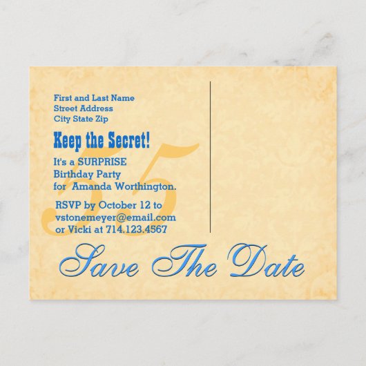 第55回サプライズ誕生日日付を保存する青金ゴールドV02 案内ポストカード (裏面)