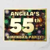 第55回誕生日パーティはっきりした:, Fireworks カラフル Look 箔招待状ポストカード (正面)