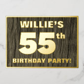 第55回誕生日パーティーはっきりした：木フェイクの木目の模様 箔招待状 (正面)