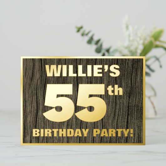 第55回誕生日パーティーはっきりした：木フェイクの木目の模様 箔招待状 (立ち正面)