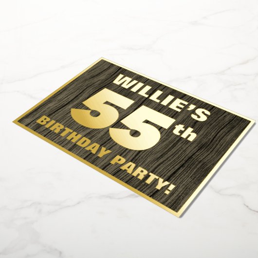 第55回誕生日パーティーはっきりした：木フェイクの木目の模様 箔招待状 (回転した状態)