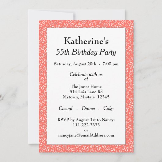 第55回誕生日パーティー珊瑚/白い数字パターン 招待状 (正面)