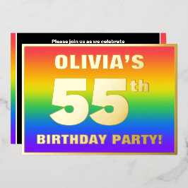 第55回誕生日パーティー：おもしろい、レインボーカラフルパターン 箔招待状