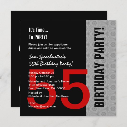 第55誕生日か年の赤い銀製の黒C846B 招待状 (正面/裏面)