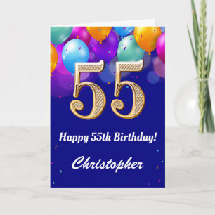 第55誕生日ネイビーブルーと金ゴールドバルーンカラフル カード