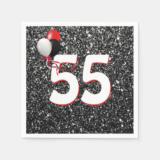 第55誕生日バルーンオンブラックグリッターナプキンス スタンダードカクテルナプキン (正面)