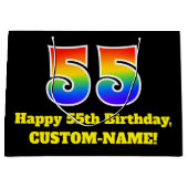 第55誕生日～おもしろい, カラフル, 鮮やか, Rainbow 55 ラージペーパーバッグ (正面)