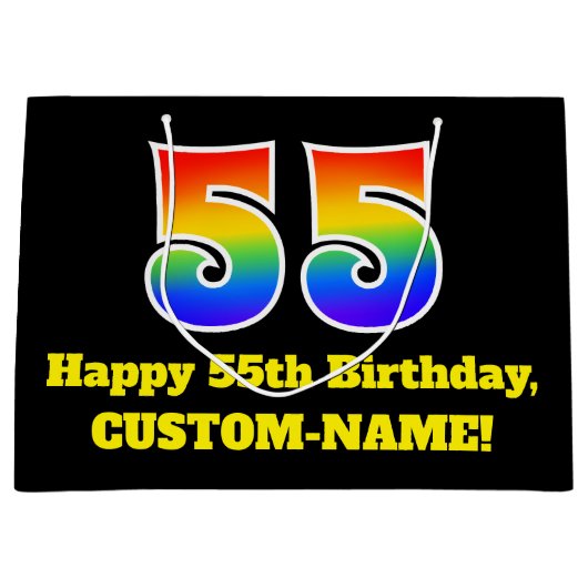 第55誕生日～おもしろい, カラフル, 鮮やか, Rainbow 55 ラージペーパーバッグ (正面)