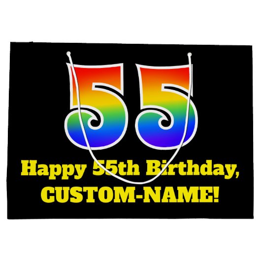 第55誕生日～おもしろい, カラフル, 鮮やか, Rainbow 55 ラージペーパーバッグ (裏面)