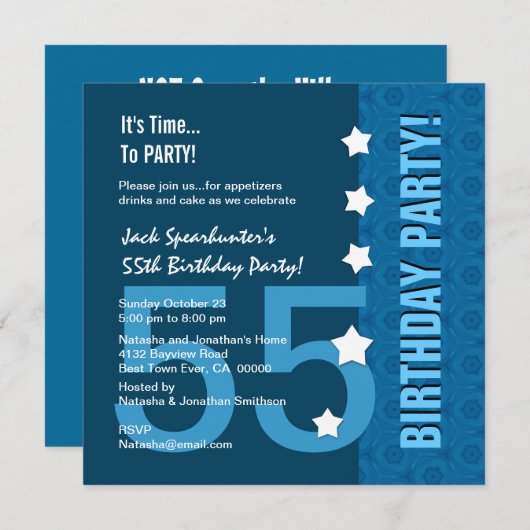 第55青くおもしろいなD845B1の誕生日のモダンな色相 招待状 (正面/裏面)