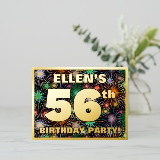第56回バースデーはっきりしたタパーティーカラフル, Fireworks Look 箔招待状ポストカード (立ち正面)