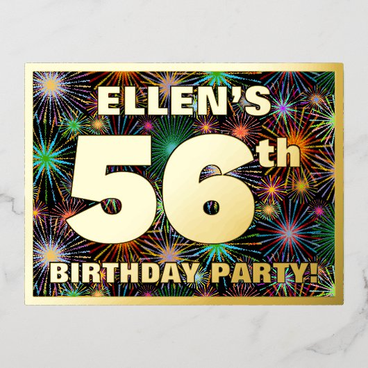 第56回バースデーはっきりしたタパーティーカラフル, Fireworks Look 箔招待状ポストカード (正面)