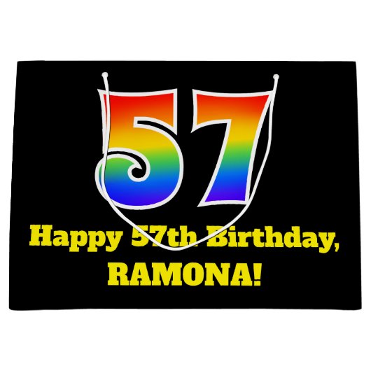 第57誕生日～おもしろい, カラフル, 鮮やか, Rainbow 57 ラージペーパーバッグ (正面)
