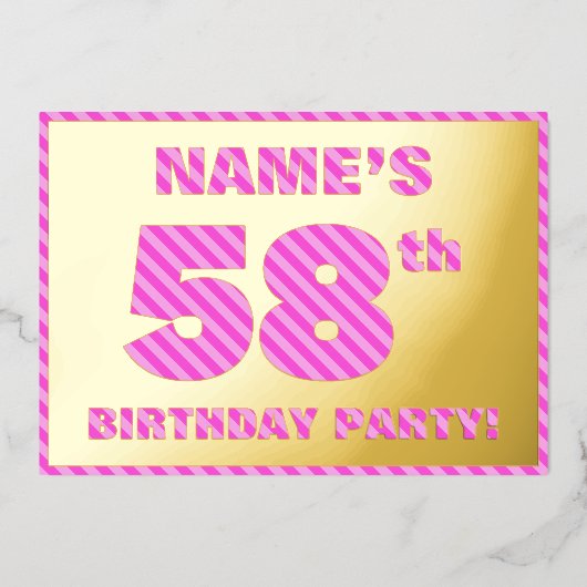 第58回バースデーパーティはっきりした:おもしろい、ピンクストライプ色のアイテム# 58 箔招待状 (正面)