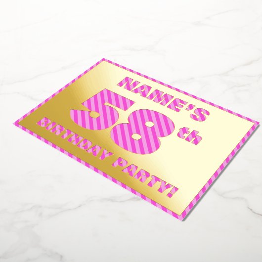第58回バースデーパーティはっきりした:おもしろい、ピンクストライプ色のアイテム# 58 箔招待状 (回転した状態)