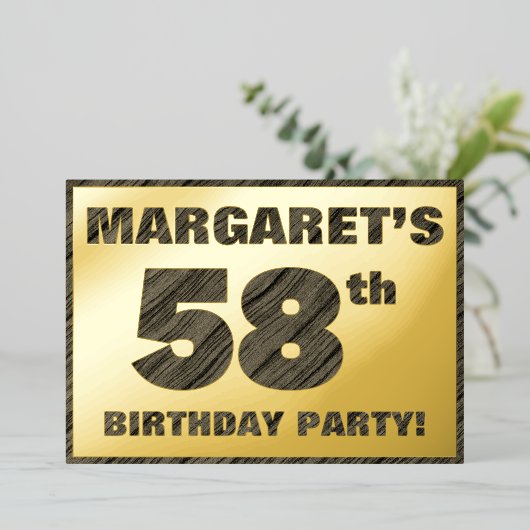 第58回バースデーパーティー – はっきりした、ウッドグフェイクレイン文字 箔招待状 (立ち正面)