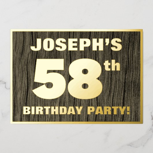 第58回誕生日パーティーはっきりした:木目フェイク模様 箔招待状 (正面)