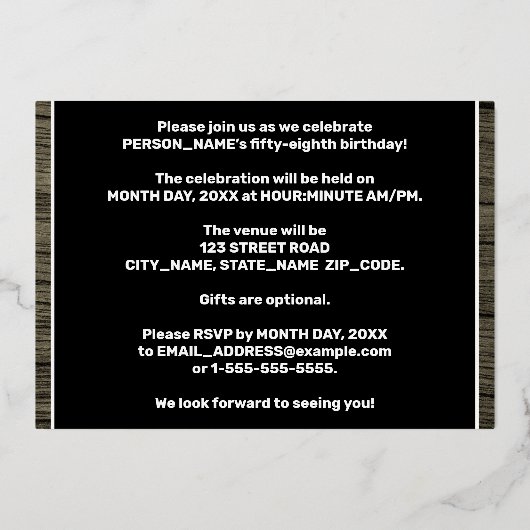 第58回誕生日パーティーはっきりした:木目フェイク模様 箔招待状 (裏面)