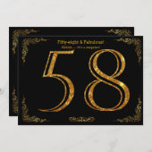 第58誕生会、Gatsbyのstyl、黒い金ゴールドのグリッター 招待状 (正面/裏面)