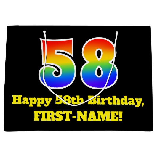 第58誕生日~おもしろい, カラフル, 鮮やか, Rainbow 58 ラージペーパーバッグ (正面)