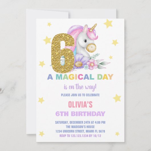 第6フローラユニコーン誕生日招待状 招待状 (正面)