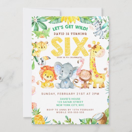 第6回バースデーパーティー動物の動物園ジャングルサファリかわいい 招待状 (正面)