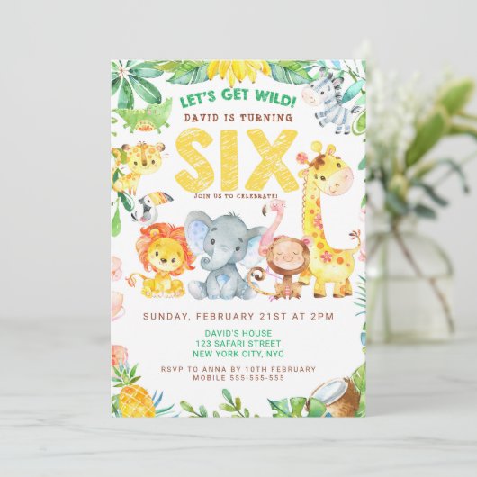 第6回バースデーパーティー動物の動物園ジャングルサファリかわいい 招待状 (スタンド正面)