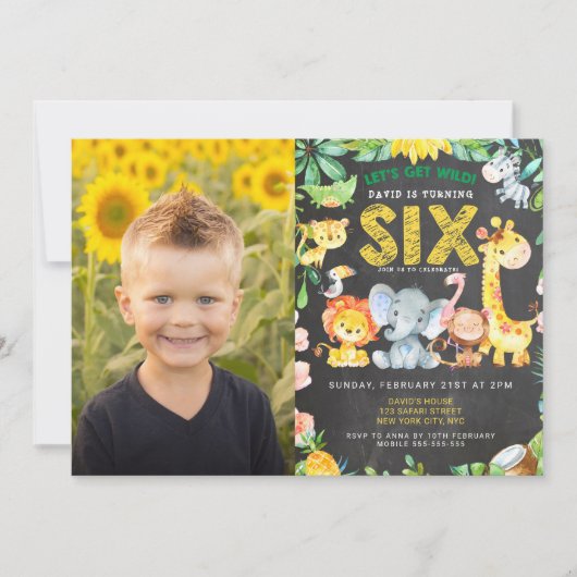 第6回誕生日パーティー動物園ジャングル動物の少年の写真 招待状 (正面)