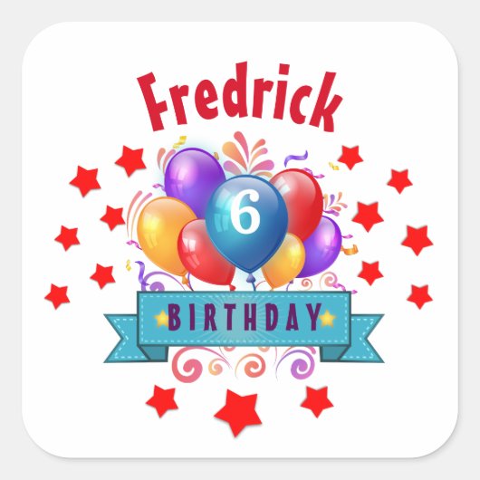 第6子供の誕生日フェスティバルカラフルバルーンB10C スクエアシール (正面)
