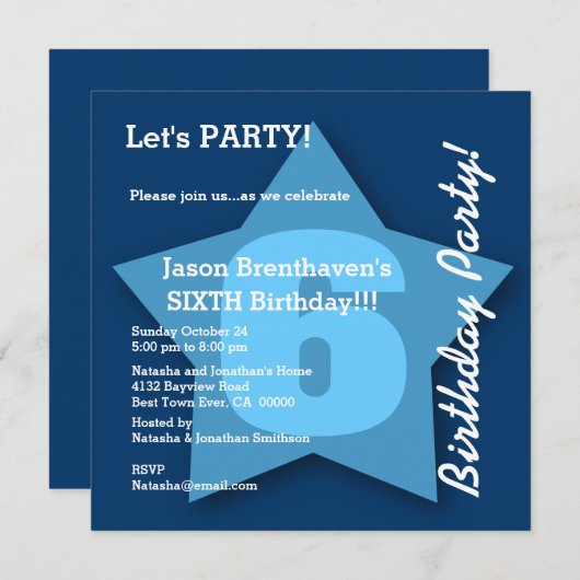 第6誕生日の男の赤ちゃんの6年の大きいブルースターK06 招待状 (正面/裏面)