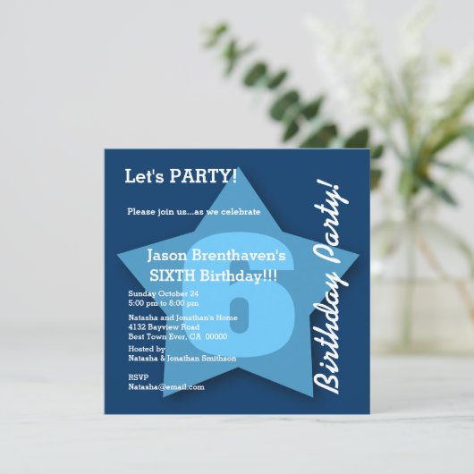 第6誕生日の男の赤ちゃんの6年の大きいブルースターK06 招待状 (スタンド正面)
