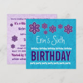 第6誕生日の紫色の花および星の名前をカスタムする 招待状 (正面/裏面)