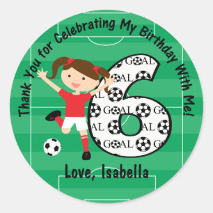 第6誕生日は赤と白のサッカーの女の子感謝していしています ラウンドシール