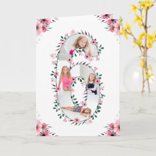 第6誕生日ガールフォトコラージピンクフラワー カード (黄色い花)