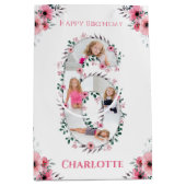 第6誕生日ガールフォトコラージピンクフラワー ミディアムペーパーバッグ (正面)