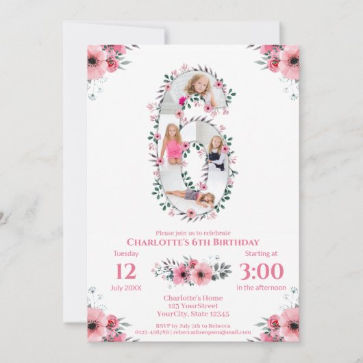 第6誕生日ガールフォトコラージピンクフラワー 招待状 (正面)