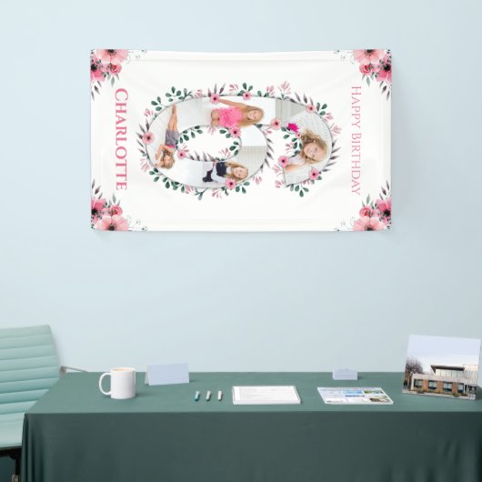 第6誕生日ガールフォトコラージピンクフラワー 横断幕 (トレードショー)