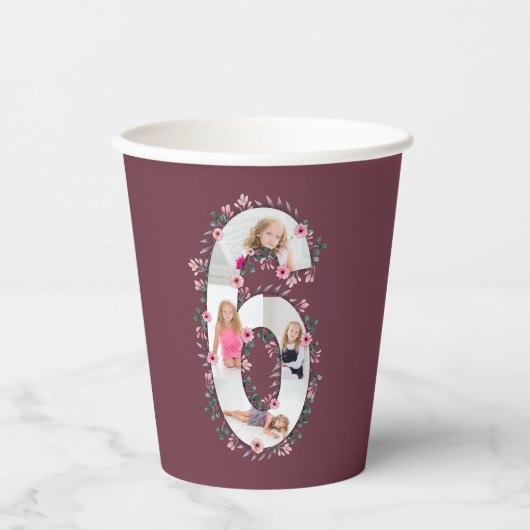 第6誕生日ガールフォトコラージピンクフラワー 紙コップ (正面)