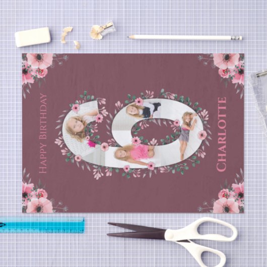 第6誕生日ガールフォトコラージピンクフラワー 薄葉紙 (クラフト)
