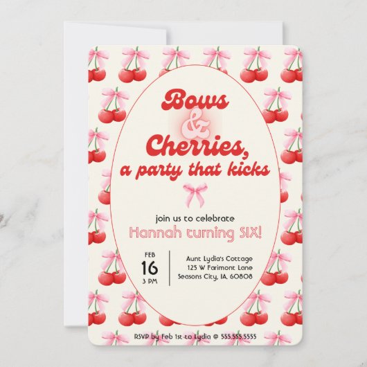 第6誕生日コケットさくらんぼの湾曲泡の文字 招待状 (正面)