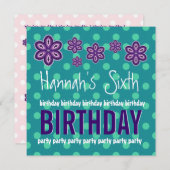 第6誕生日パープルフラワーズ水玉模様V11 招待状 (正面/裏面)