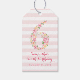 第6誕生日ピンクウォーターカラーフローラ6 ギフトタグ